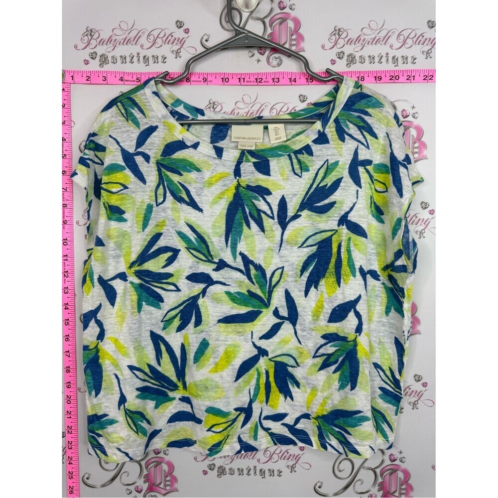 Cynthia Rowley Linen top White Tee with Blue and Green Leaf Print